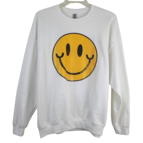 Gildan Alpha Chi Omega Yellow Smiley Face White Sweatshirt - Picture 1 of 5